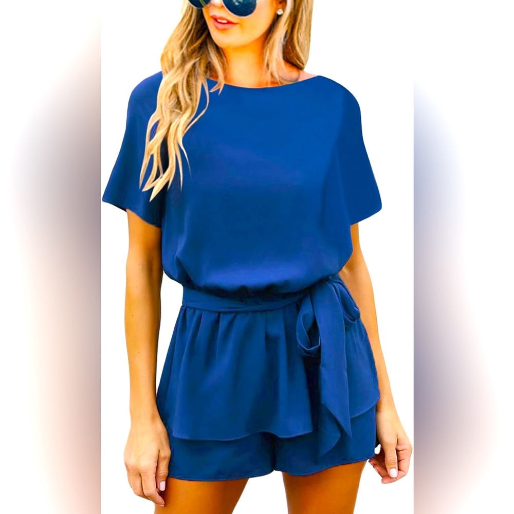 luvamia Women's Casual Short Sleeve Belted Overlay Keyhole Back Jumpsuits Romper